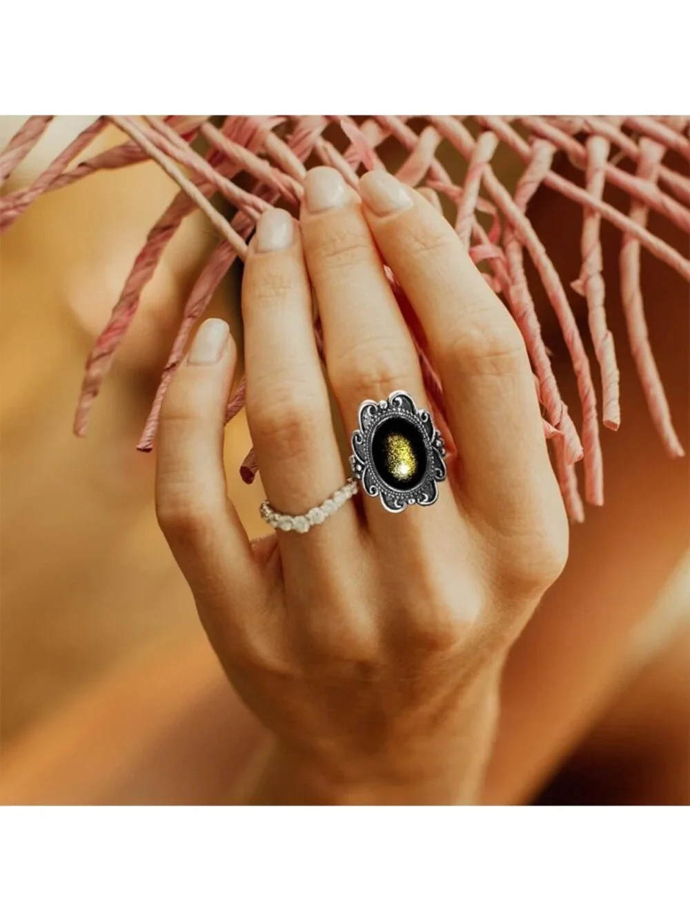 Vintage Black Obsidian Flower Ring for Women | S925 Sterling Silver Bohemian
